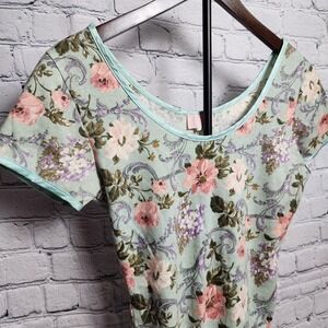 Blue multicolored floral bodysuit short sleeve top made in USA, body con style